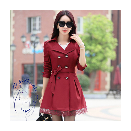 🧥 Abrigo Trench Rojo Elegante con Encaje – Estilo y Sofisticación para Cualquier Temporada